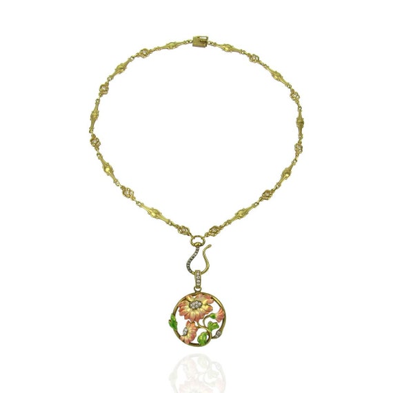 14K Art Nouveau Style Necklace with Enamel and Di… - image 4