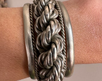 Vintage Bedouin Braided Twisted Rope Silver Cuff Bangle Bracelet from Egypt