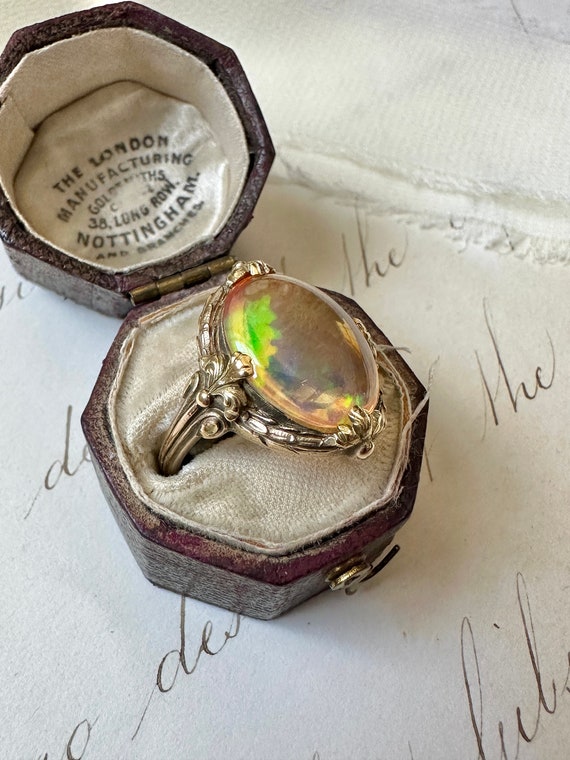 14K Art Nouveau Opal Ring with Fleur-de-lis - image 2