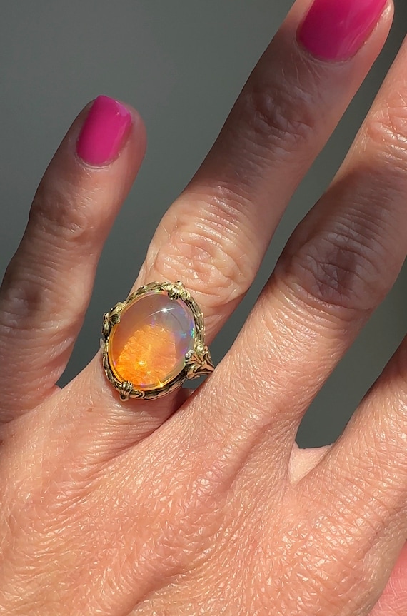14K Art Nouveau Opal Ring with Fleur-de-lis - image 4