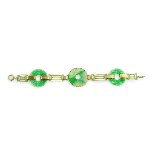 14K Art Deco Jade and Enamel Link Bracelet by Wordley, Allsopp & Bliss