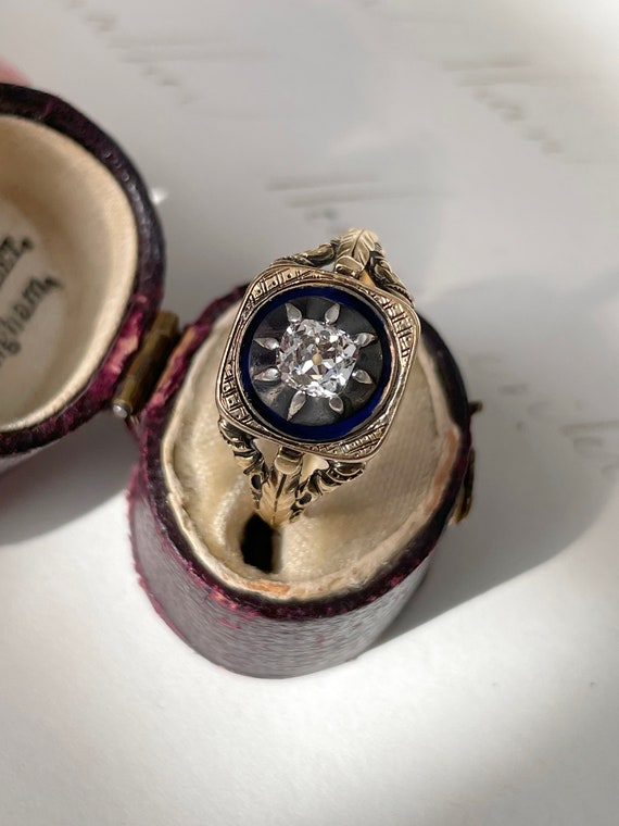 Antique Blue Enamel and Diamond Ring