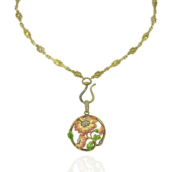 14K Art Nouveau Style Necklace with Enamel and Di… - image 3