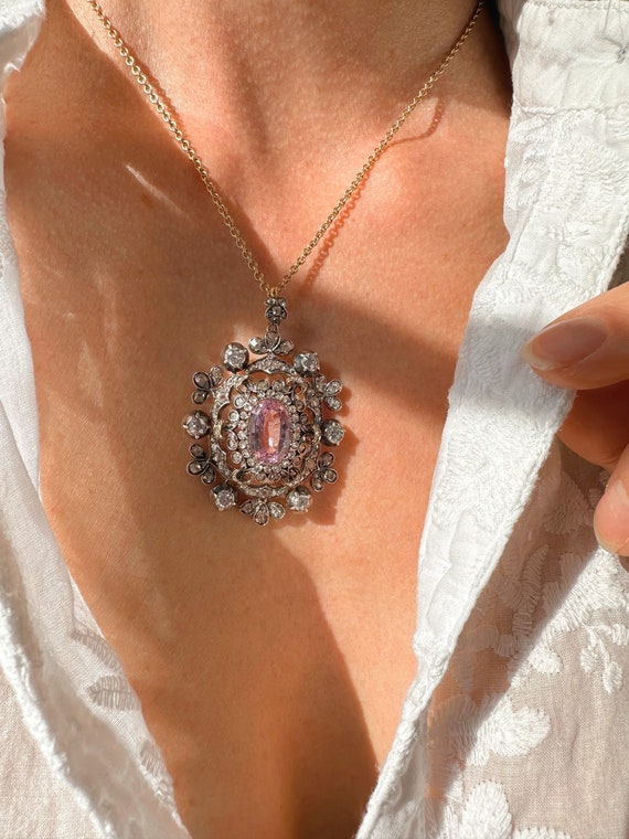 Victorian Pink Topaz and Diamond Pendant