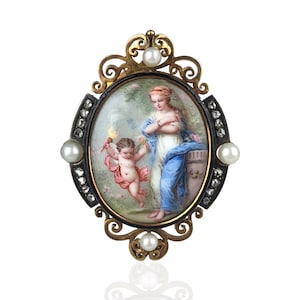 Signed French Enamel Miniature of Venus & Cupid Set in 18K Pendant/Locket with Diamonds and Pearls