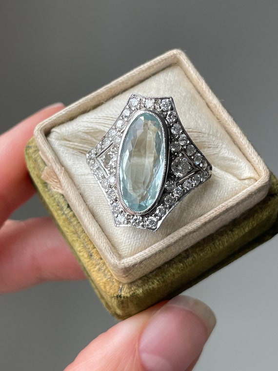 Art Deco Style Aquamarine and Diamond Ring - image 1