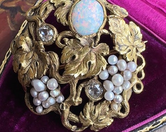 F.W. Lawrence Arts & Crafts Opal, Diamond and Pearl Grapes Brooch