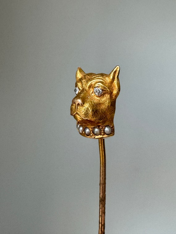 Antique 14K Bulldog Dog Stickpin with Diamond Eye… - image 2