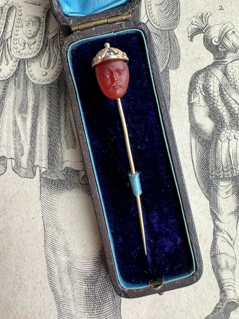 Antique Equestrian Carved Carnelian Jockey Cameo Stickpin C 1890 image 1