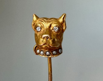 Antique 14K Bulldog Dog Stickpin with Diamond Eyes and Pearl Collar