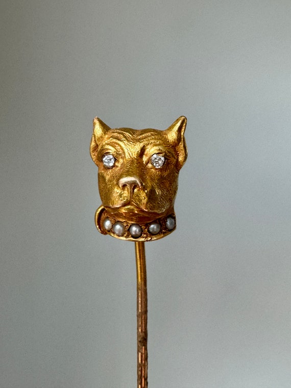 Antique 14K Bulldog Dog Stickpin with Diamond Eye… - image 1