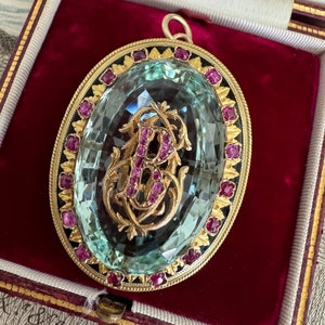 Antique Victorian 18K Aquamarine and Ruby Initial &quot;B&quot; Pendant