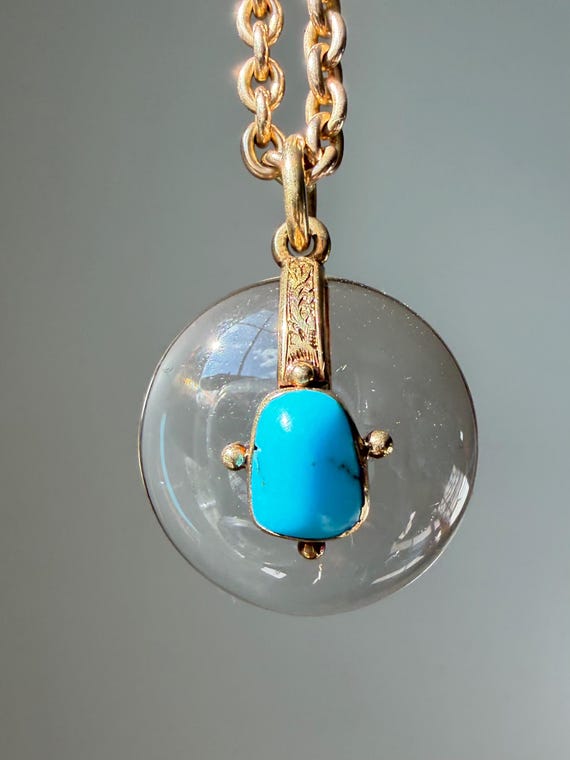 Antique 14K Rock Crystal and Turquoise Pendant