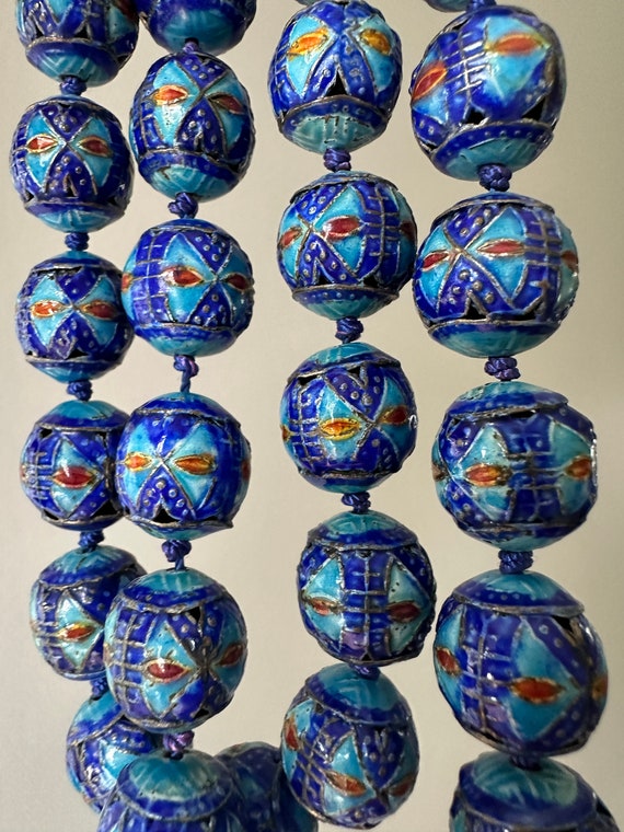 Antique Chinese Export Blue Guilloche Enamel Bead Necklace