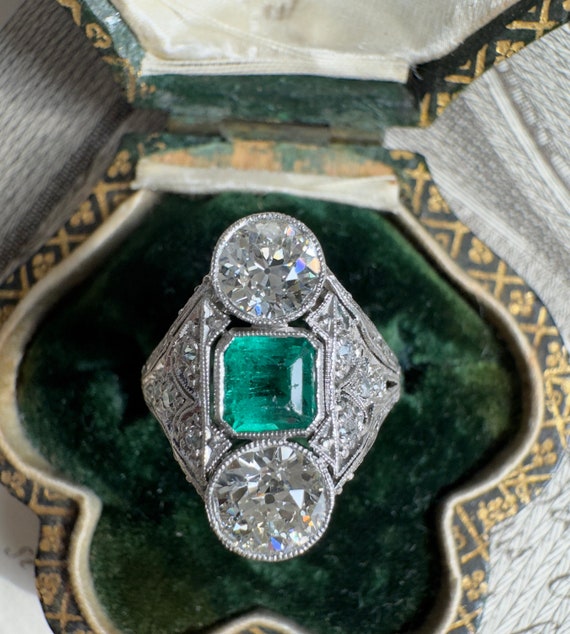 Art Deco Emerald and Diamond Three Stone Ring