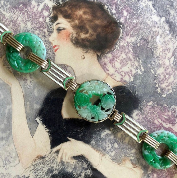 14K Art Deco Jade and Enamel Link Bracelet by Wor… - image 1
