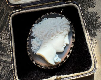 Antique Victorian Hardstone Cameo Pendant of Demeter / Ceres with Rose Cut Diamonds and Enamel