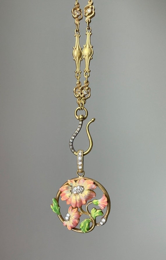 14K Art Nouveau Style Necklace with Enamel and Di… - image 1