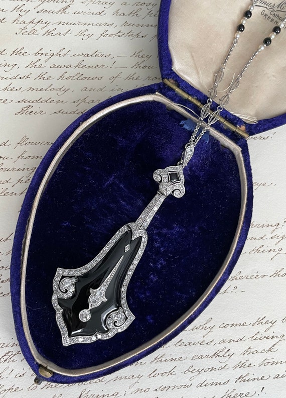 Art Deco Onyx and Diamond Lavalier Necklace
