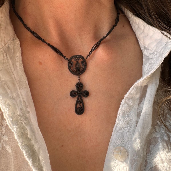 Antique Georgian Silesian Wirework Cross Necklace