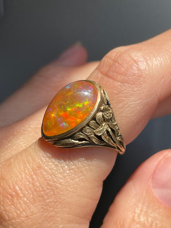 14k Art Nouveau Fire Opal Ring - image 4