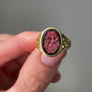 Antique 18K Gold Signet Ring with Garnet Intaglio of a Horse