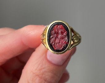 Antique 18K Gold Signet Ring with Garnet Intaglio of a Horse