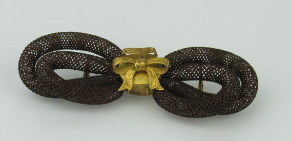 Antique 15K Victorian Hairwork Bow Brooch - image 2