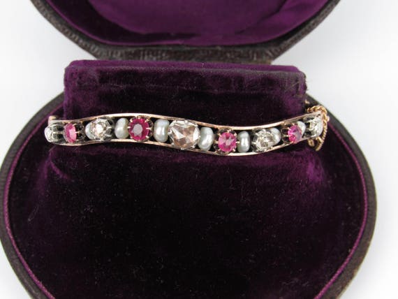 Antique Victorian Rose Cut Diamond, Ruby and Pear… - image 1