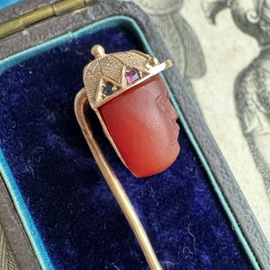 Antique Equestrian Carved Carnelian Jockey Cameo Stickpin C 1890 image 2