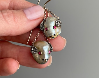 Antique 15K Natural Baroque Pearl Mouse Earrings