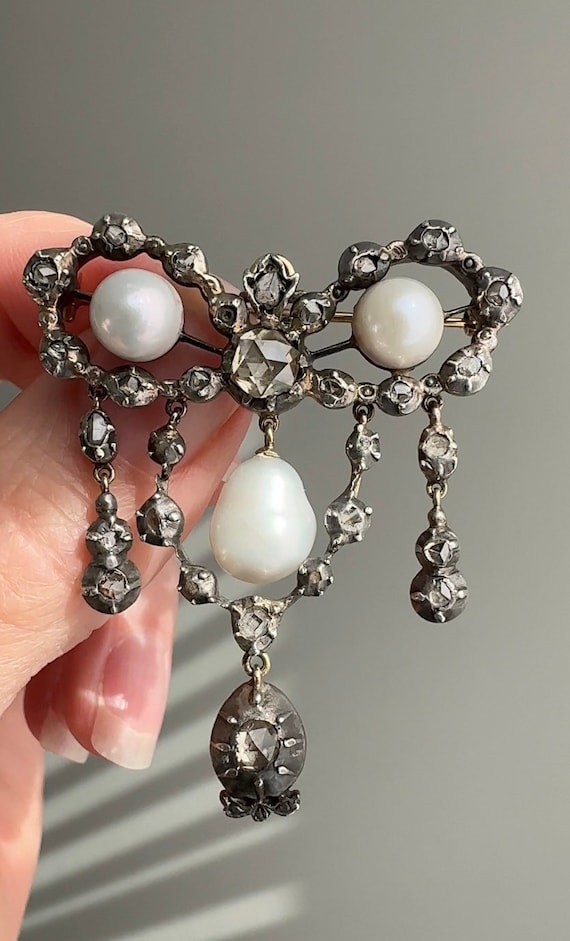 Victorian Rose Cut Diamond and Pearl Lover's Knot 