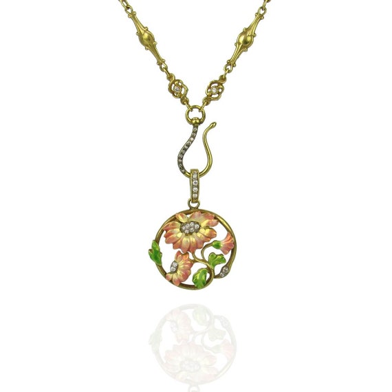 14K Art Nouveau Style Necklace with Enamel and Di… - image 7