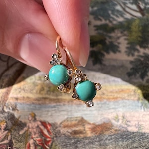 Antique 18K Turquoise and Rose Cut Diamond Dormeuse Earrings