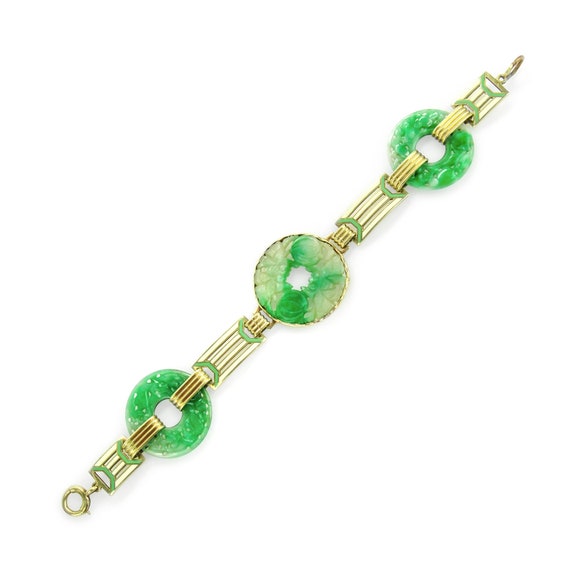 14K Art Deco Jade and Enamel Link Bracelet by Wor… - image 5