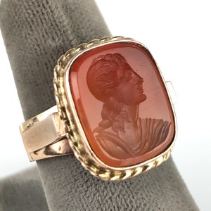 Victorian 10K Carnelian Intaglio Ring of Greek God