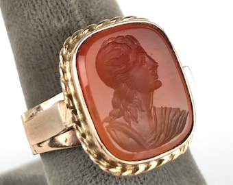 Victorian 10K Carnelian Intaglio Ring of Greek God