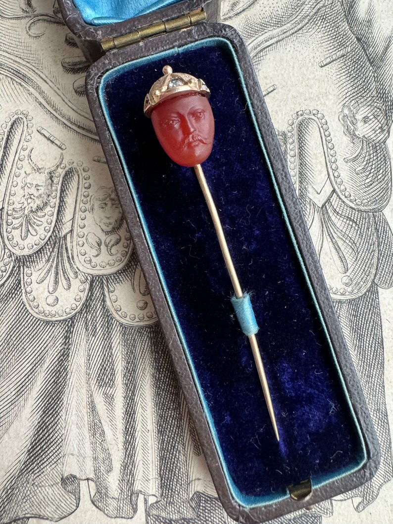 Antique Equestrian Carved Carnelian Jockey Cameo Stickpin C 1890 image 4