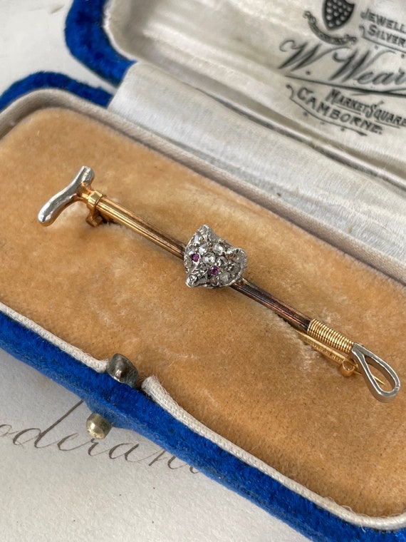 Antique 18K Rose Cut Diamond Fox and Riding Crop … - image 1