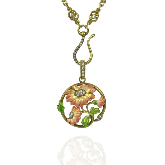 14K Art Nouveau Style Necklace with Enamel and Di… - image 5