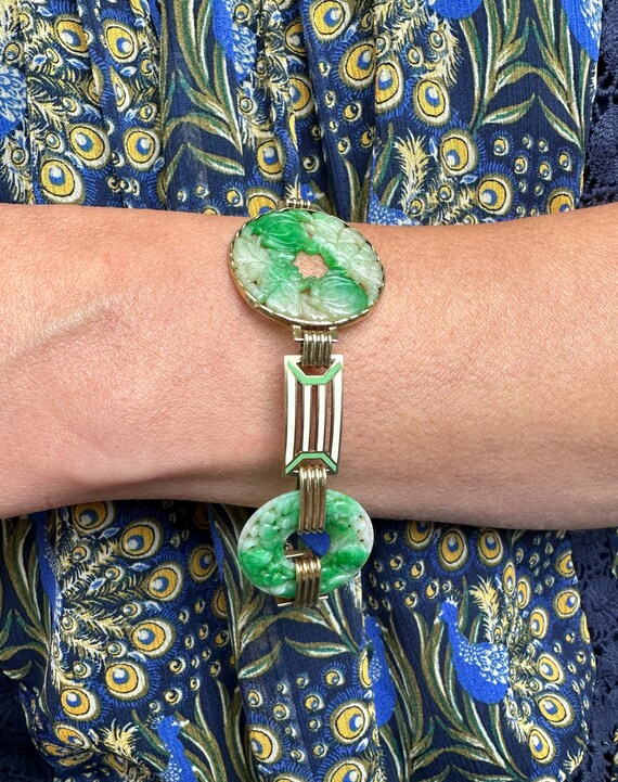 14K Art Deco Jade and Enamel Link Bracelet by Wor… - image 2