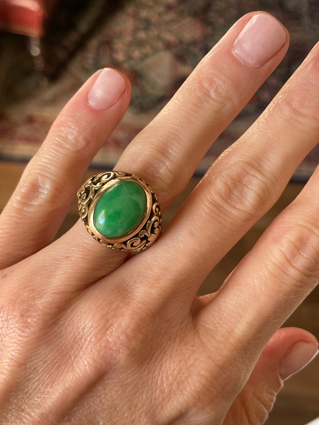 Antique Victorian 14K Jade Cabochon Ring - Mason Kay Certificate