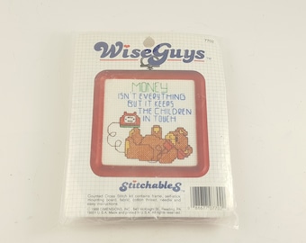 NEW Vintage 1980's Wiseguys Stichables Cross Stitch Kit - Small Framed -  "Money Isn't Everything But It Keeps The Children In Touch"