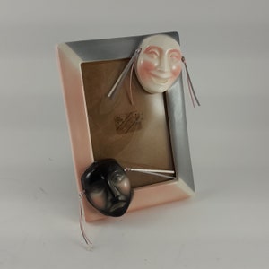 Totally 80&#39;s! Vintage 1986 Comedy and Tragedy Masks - Ceramic Picture Frame - Pastel Pink and Gray - 3.5 x 5&quot; Photo
