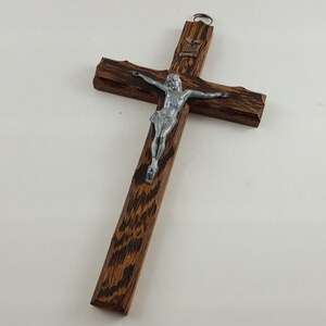 Vintage Wood Crucifix with Scallop Carved Edges - Metal Figure and INRI Plaque -