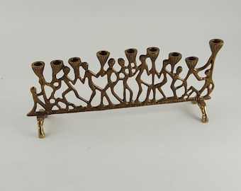 Amazing Vintage Solid Brass Menorah - Dancing Human Figures Holding Up Candle Holders - 9 Branch