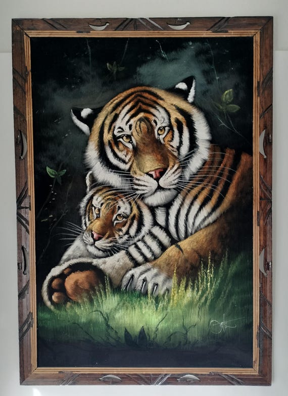 絵画 Tiger Vintage - David Ortiz- Tiger , Tigress With Cub - Extra Large