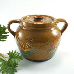 Rustic Cookie Crock! Vintage 1930&#39;s Floral Pottery Signed Country Kitchen Farmhouse Decor Biscuit Jar