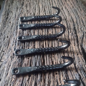 Może przedstawiać: Pięć czarnych metalowych haczyków o skręconym wzorze. Haczyki są ułożone w rzędzie na drewnianej powierzchni.