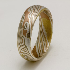 Mokume Gane Ring in 18k yellow gold,14k white palladium gold, 14k rose gold, and sterling  silver